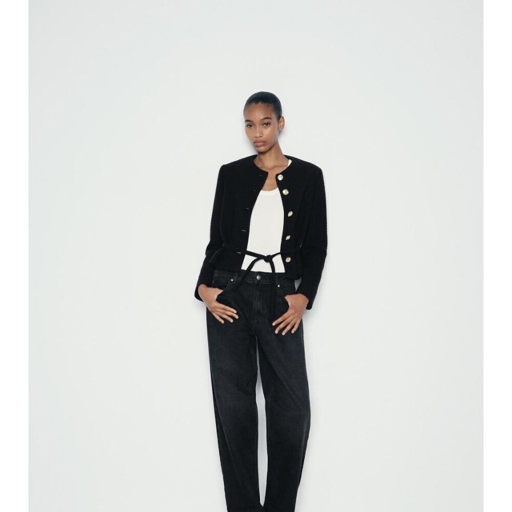 Zara Womens Blazer Jacket M Medium Black Tweed Belted Button Front 8694/522 NWT